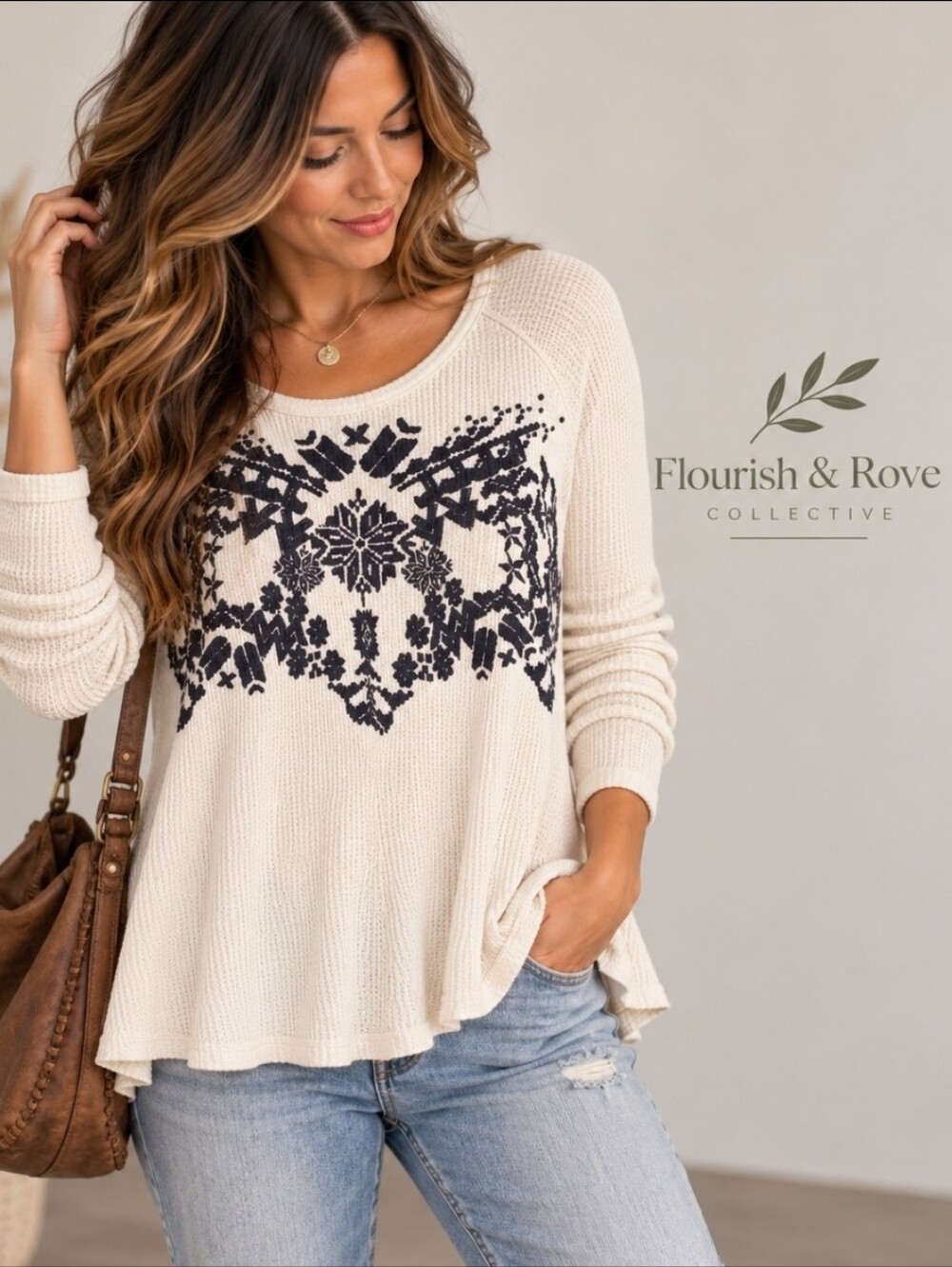 Free People We The Free Swing Raglan Thermal Top XS Ivory Graphic Boho